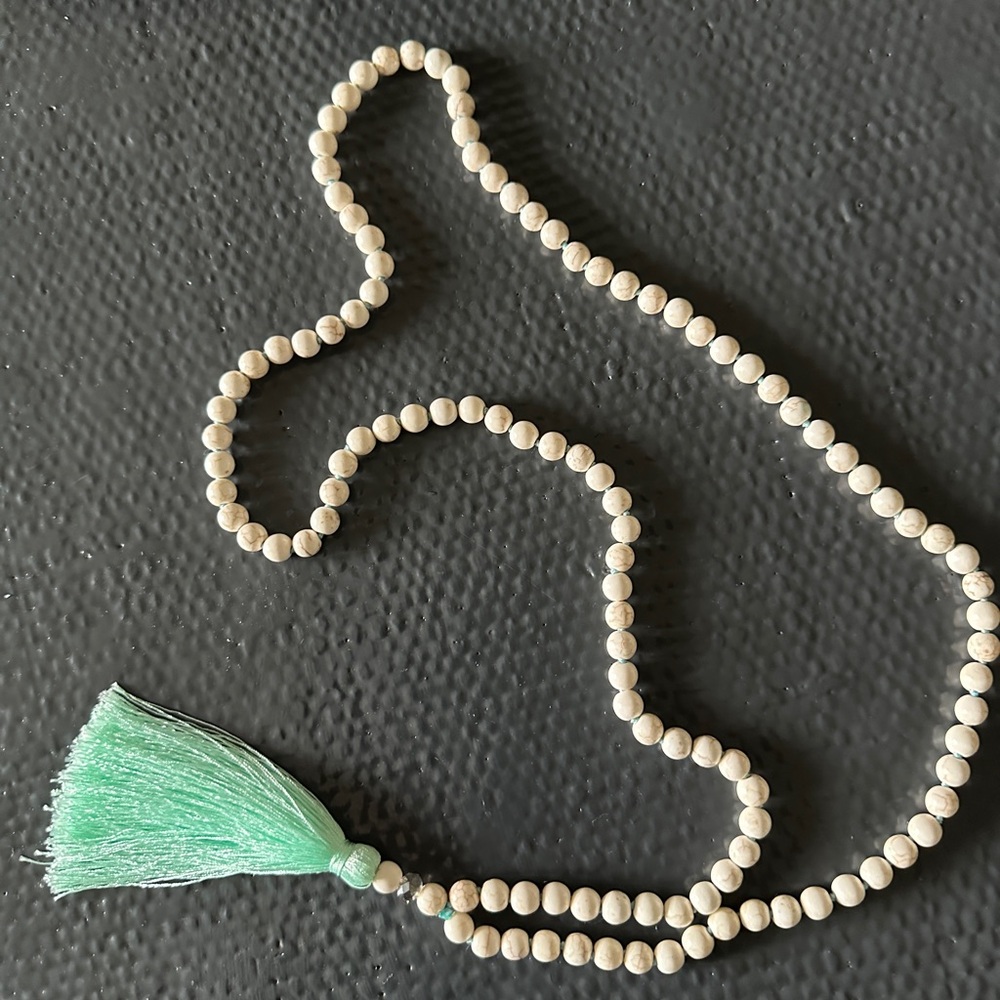 Howlite Mala Necklace with Green Tassel